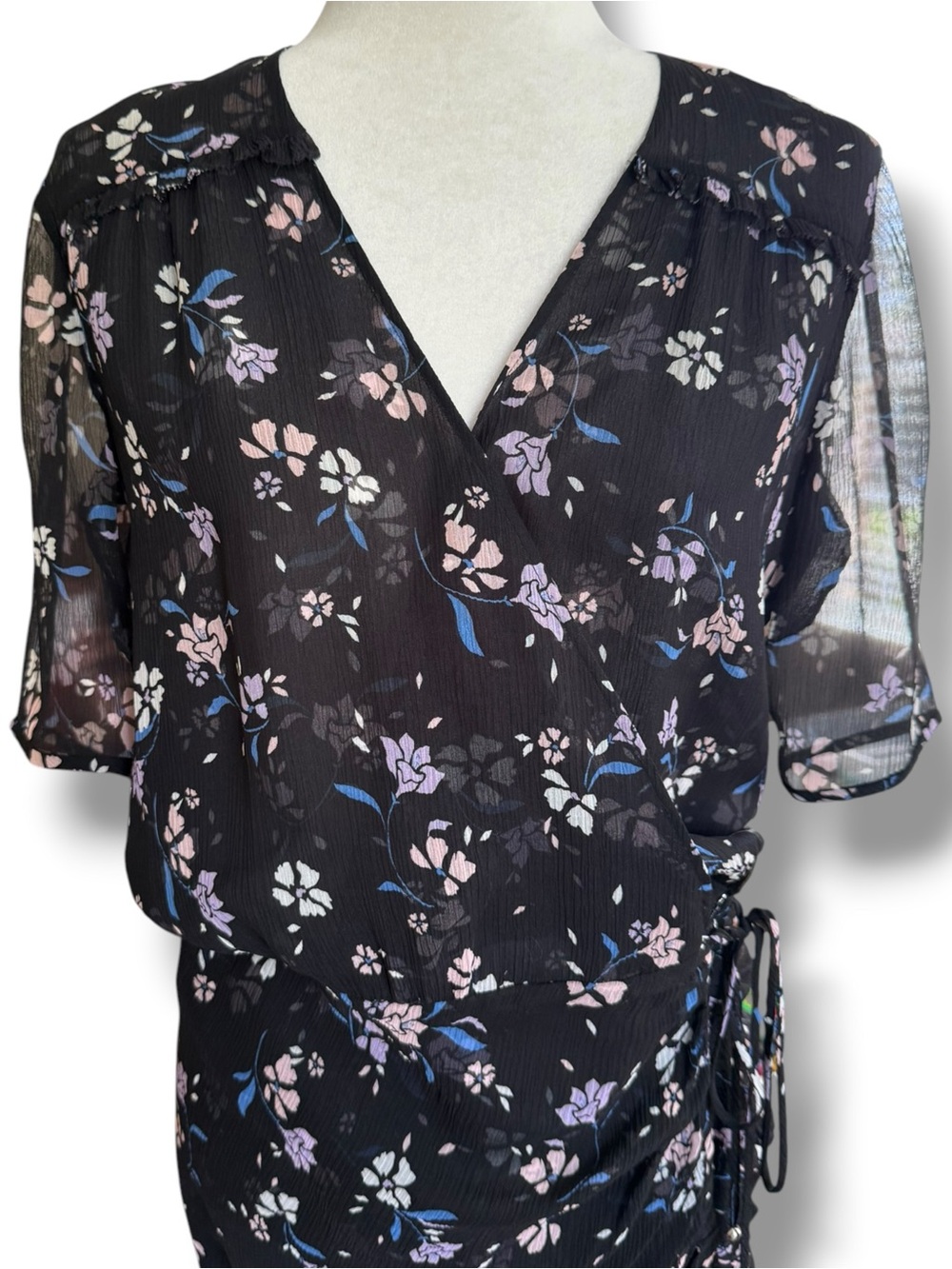 Veronica Beard Silk Mariposa Black Floral Semi Sheer Ruched Midi Dress Sz 8 - Picture 10 of 14